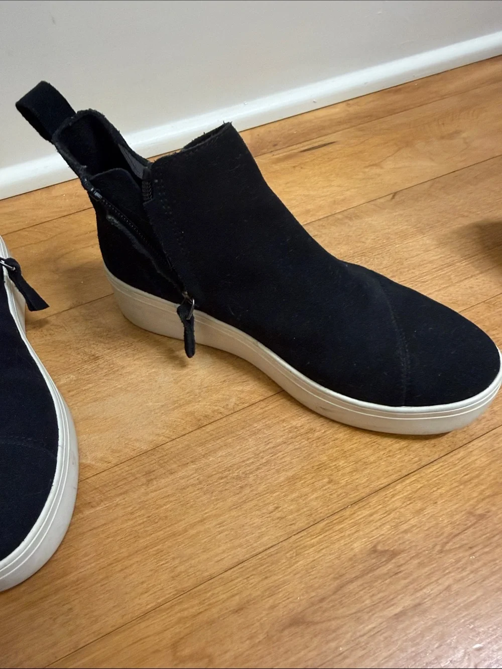 Tom’s Black Suede Slip-On Sneaker Boot with White Sole